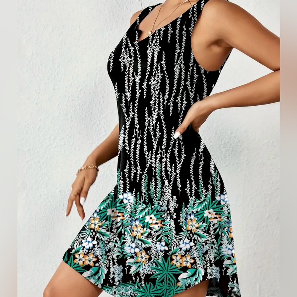 Tropical Black and Green Sleeveless Dress